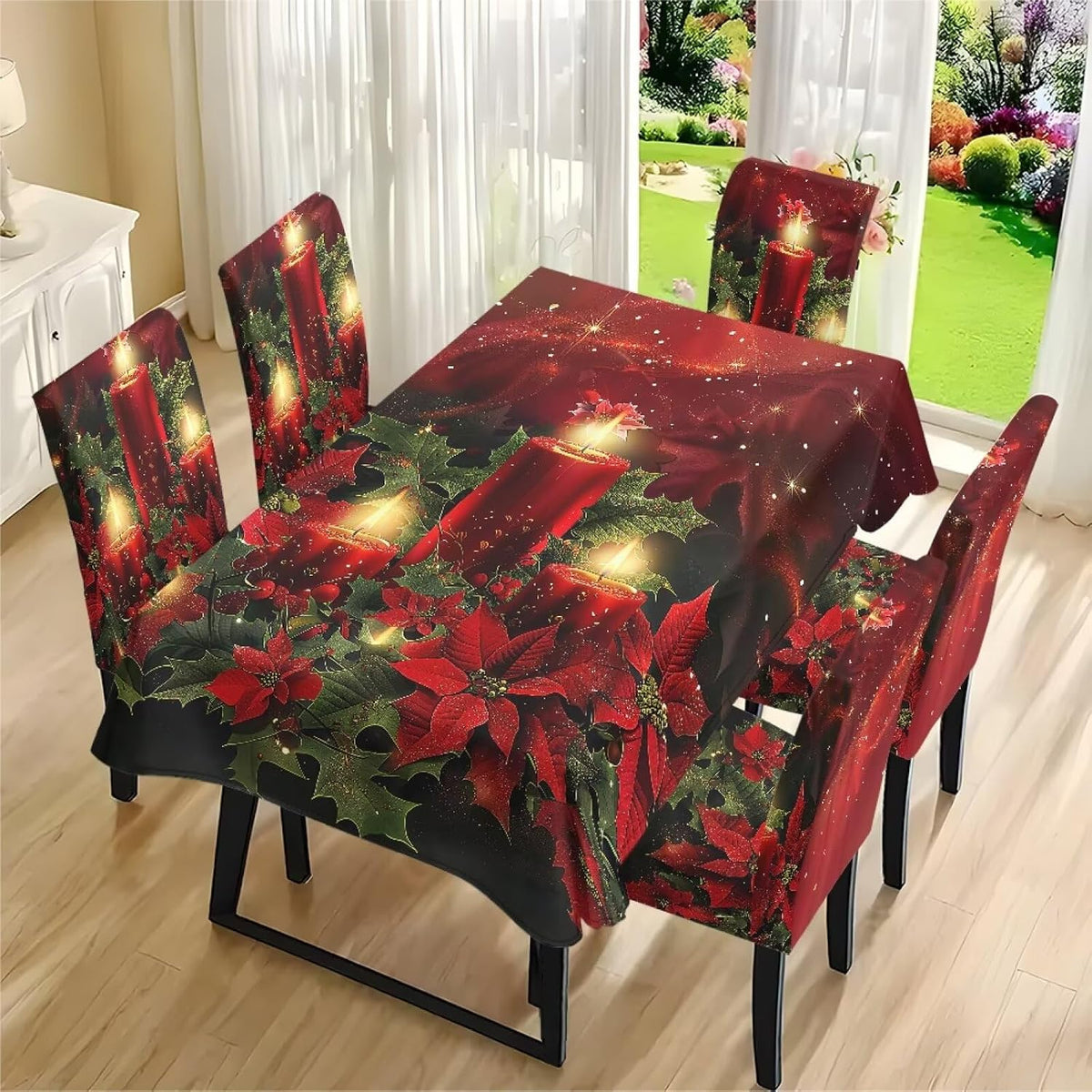 Fitted Tablecloth with Chair Covers Set,Christmas Candle Washable Dining Room Chair Covers Set of 4/6 with Farmhouse Table Cover for Home Hotel Restaurant, 5pcs/7pcs