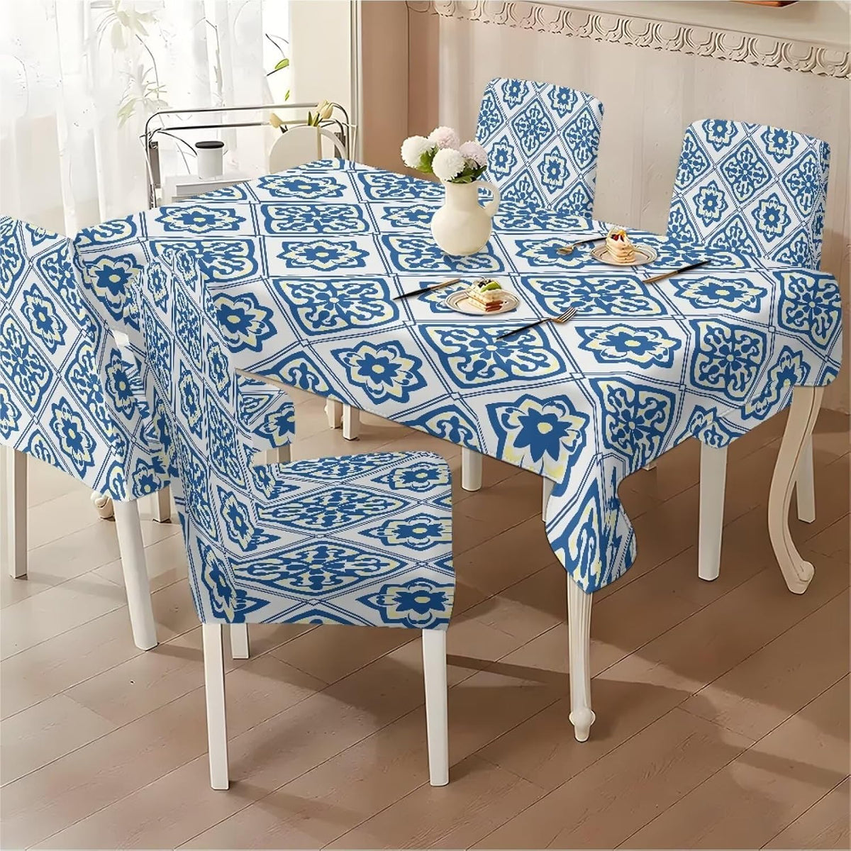 Blue Floral Rectangular Table Cloth & Dining Chair Covers Set of 5, Stain Resistant Wipeable Chair Protectors for Farmhouse Rustic Home Kitchen Party Decor