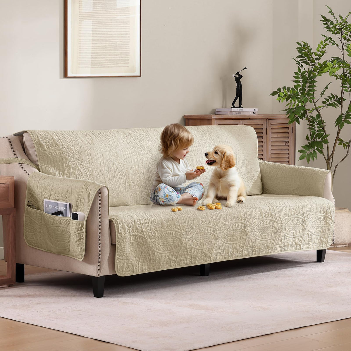 Beige Loveseat Covers for 2 Cushion Couch, Water-Repellent Quilted Covers for Sofa, Machine Washable Love Seat Couch Covers, Pet Friendly Loveseat Slipcovers (Loveseat 48", Beige Cream)
