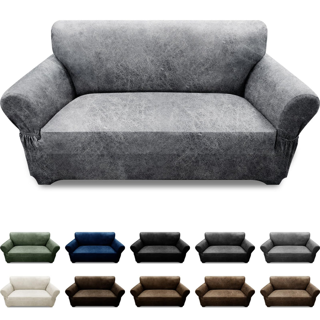 3-Pieces T Cushion Loveseat Slipcovers Leather Look Couch Cover Loveseat Covers for 2 Cushion Couch Furniture Protector Stretch Sofa Cover with 2 Individual T Cushion Seat Covers, Brown