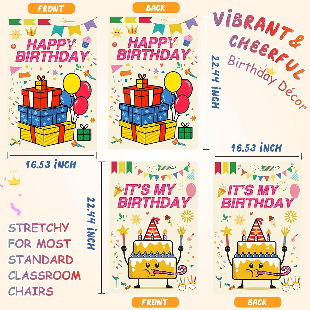 Set of 2 Happy Birthday Chair Covers for Classroom 16.5x22.4 Inch