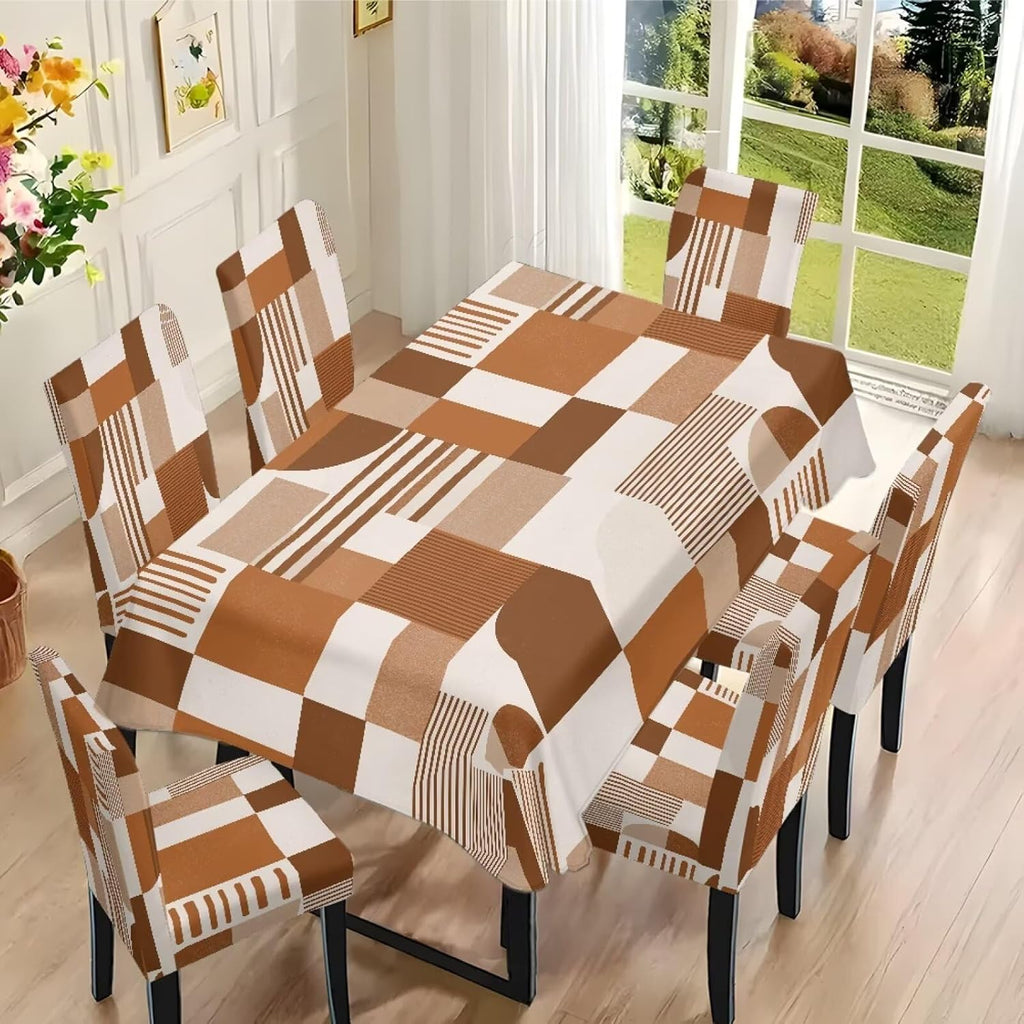 Dining Seat Slipcovers Set of 7 Includes Tablecloths, Removable Dining Room Chair Covers Stain Resistant Table Protector for Home Restaurant, Light Brown Beige Geometry Patchwork