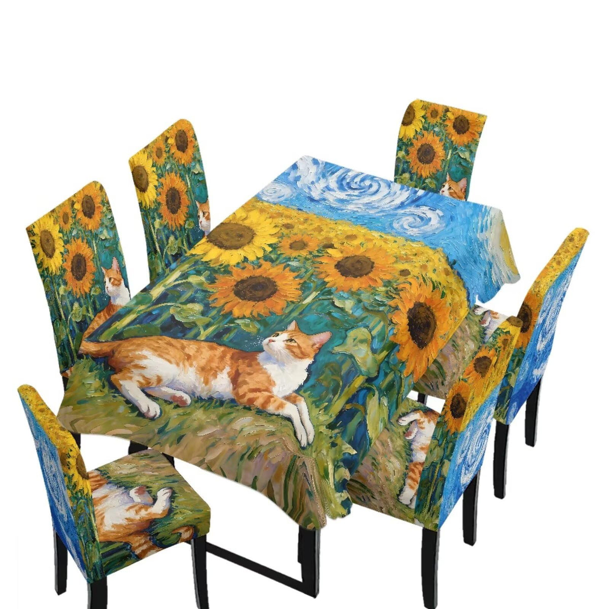 Blue Floral Rectangular Table Cloth & Dining Chair Covers Set of 5, Stain Resistant Wipeable Chair Protectors for Farmhouse Rustic Home Kitchen Party Decor