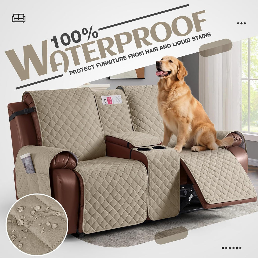 KinCam 100% Waterproof Loveseat Recliner Cover with Console, Khaki