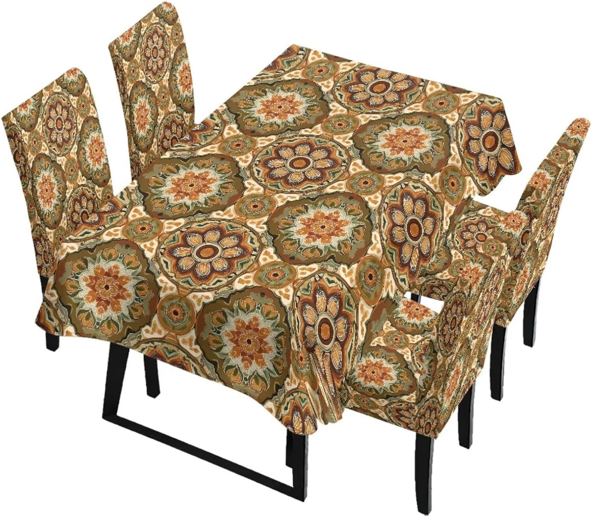 Table Cloth and Dining Chair Covers Set of 5, Kitchen Chair Slipcovers Rectangle Table Cover, Removable Anti-dust Tablecloths Stain Resistant Soft Hotel Decor, Retro Geometry Flower