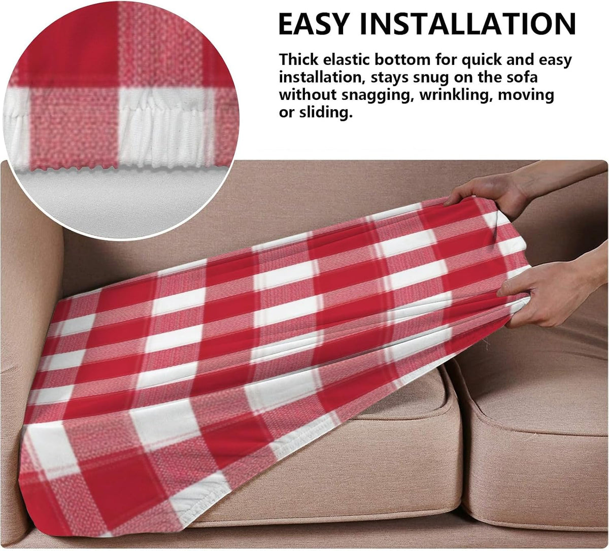 White Red Check Classical Loveseat Covers Couch Covers for 2 Cushion Couch, 1-Piece Stretch Sofa Slipcovers Anti-Slip Washable Furniture Protector for Dogs Pets