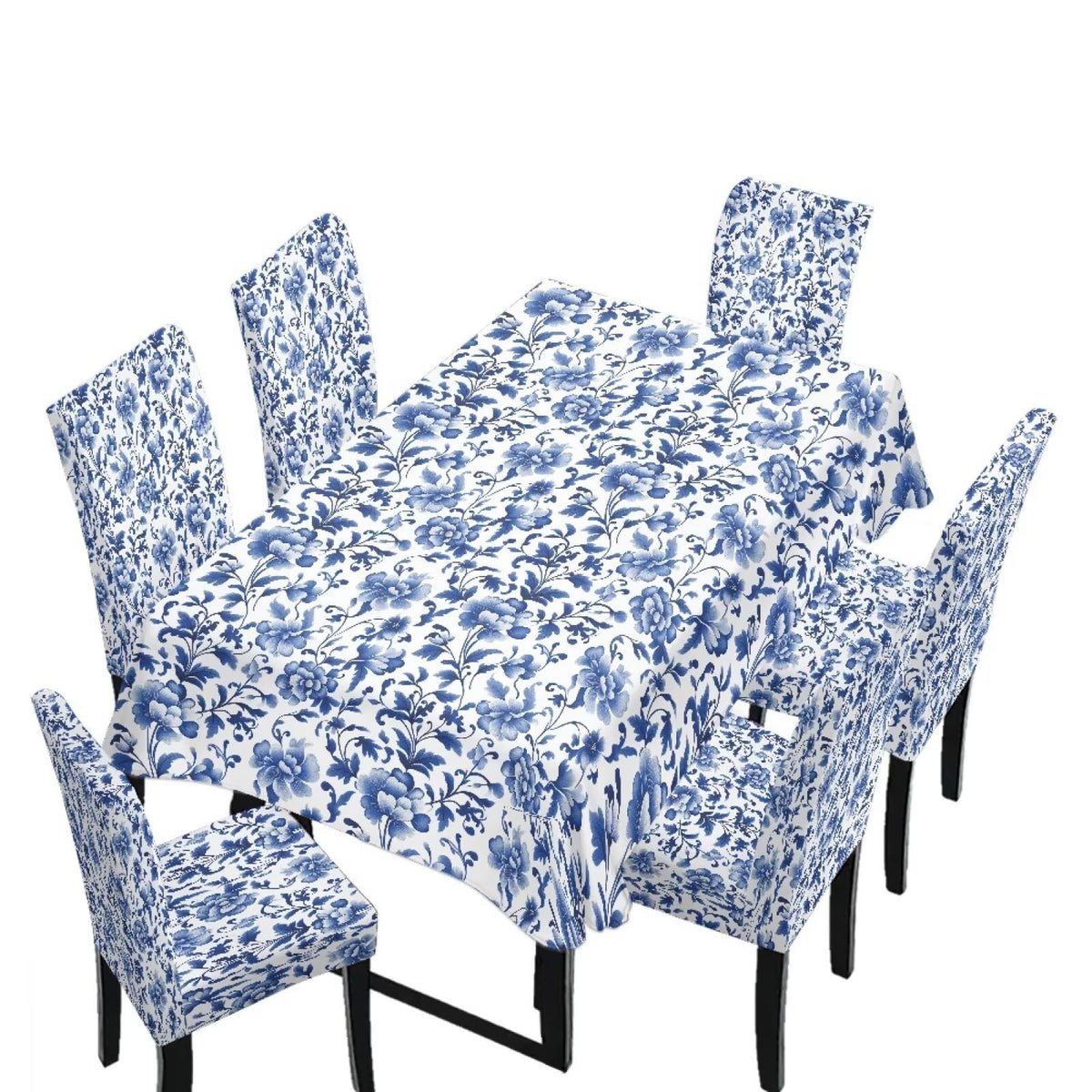 Blue Floral Rectangular Table Cloth & Dining Chair Covers Set of 5, Stain Resistant Wipeable Chair Protectors for Farmhouse Rustic Home Kitchen Party Decor