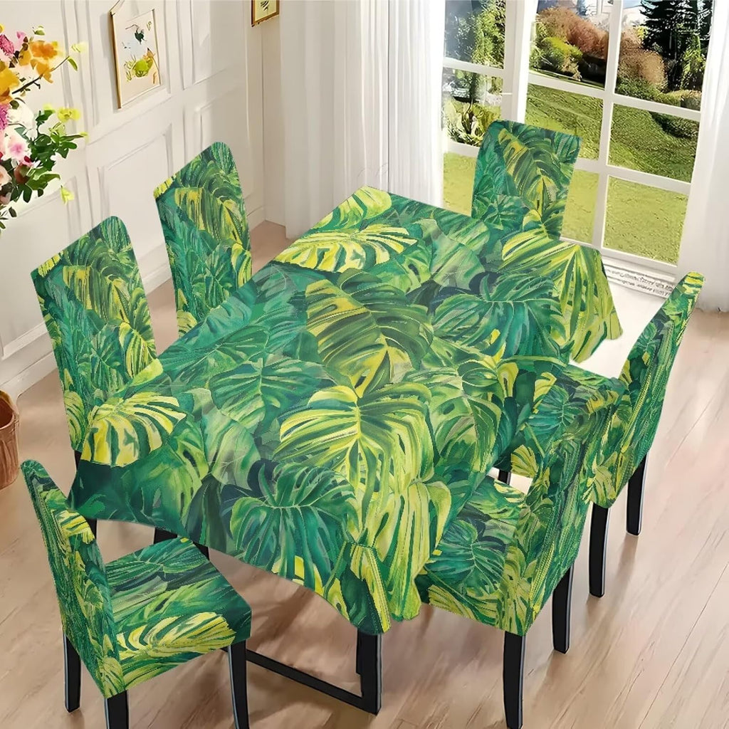 GLENLCWE Monstera Leaf Universal Dining Table Cover with Chairs Dining Table Cover with Chair Covers 7 Pcs, Dust Proof Green Kitchen Party Stretch Elastic Bottom Slipcovers