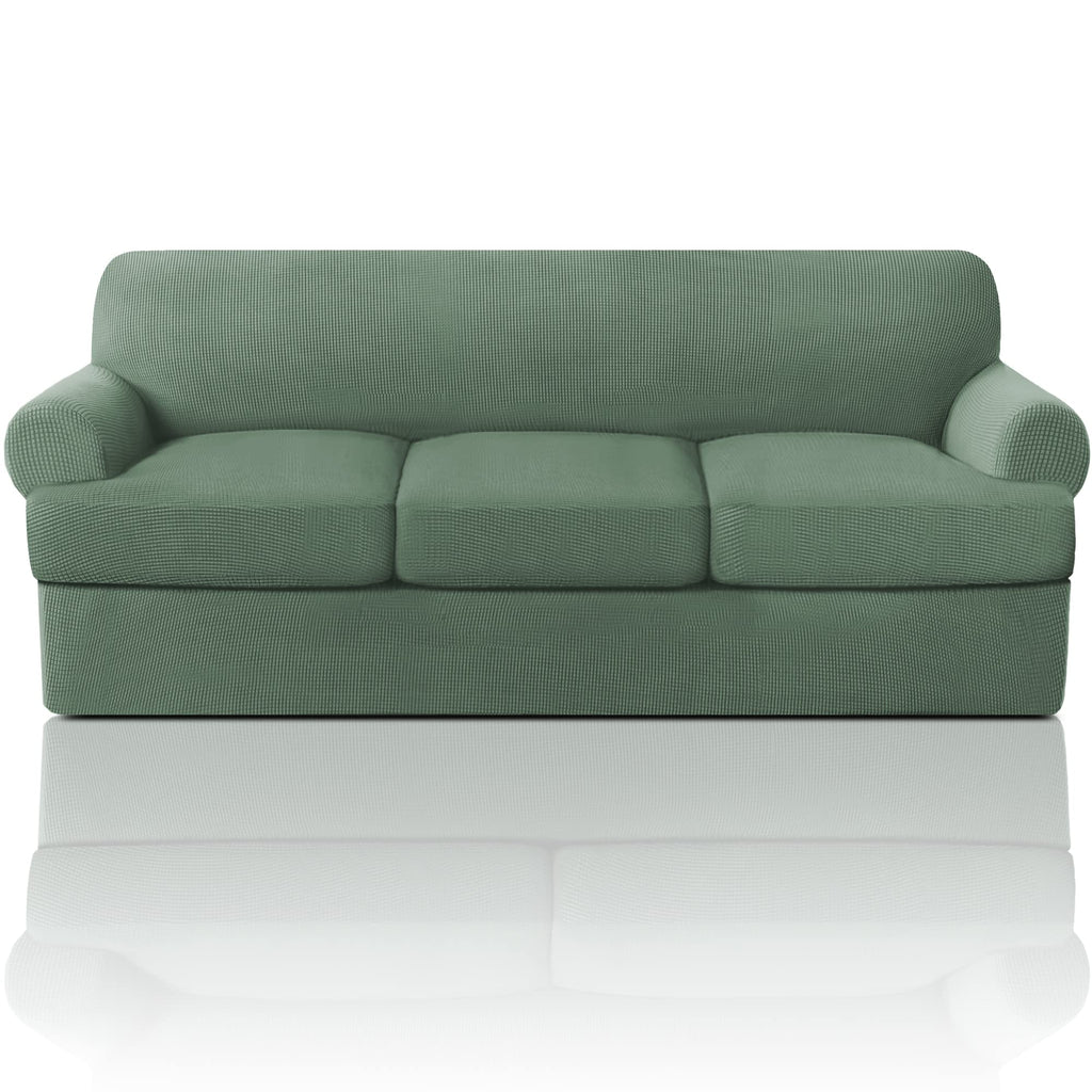 PrinceDeco T Cushion Loveseat Slipcover - 3 Pieces Sofa Cover for 2 Cushion Couch with 2 Individual T Shape Seat Covers Width Up to 76 Inch - Stretch, Machine Washable, Porcelain