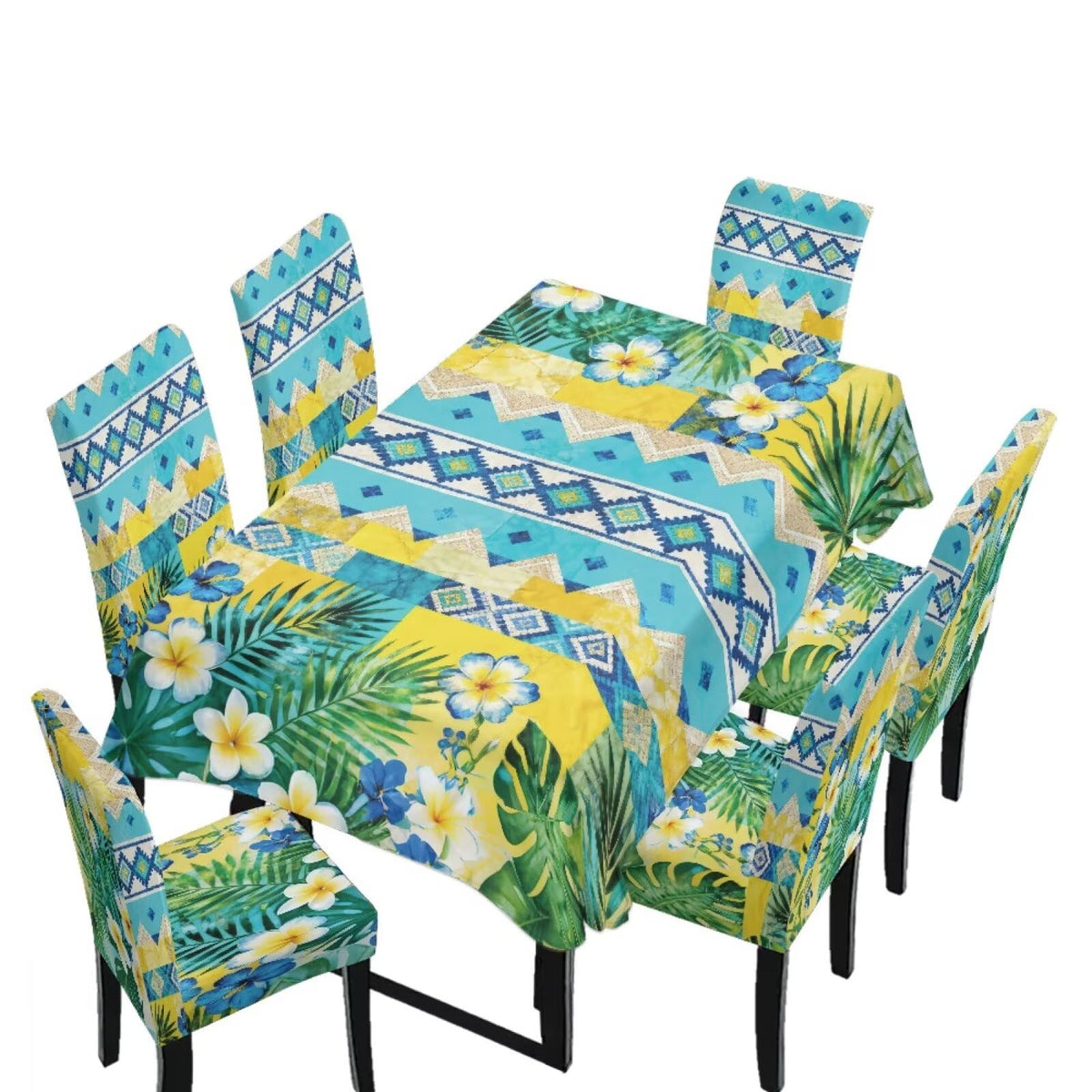 Blue Floral Rectangular Table Cloth & Dining Chair Covers Set of 5, Stain Resistant Wipeable Chair Protectors for Farmhouse Rustic Home Kitchen Party Decor
