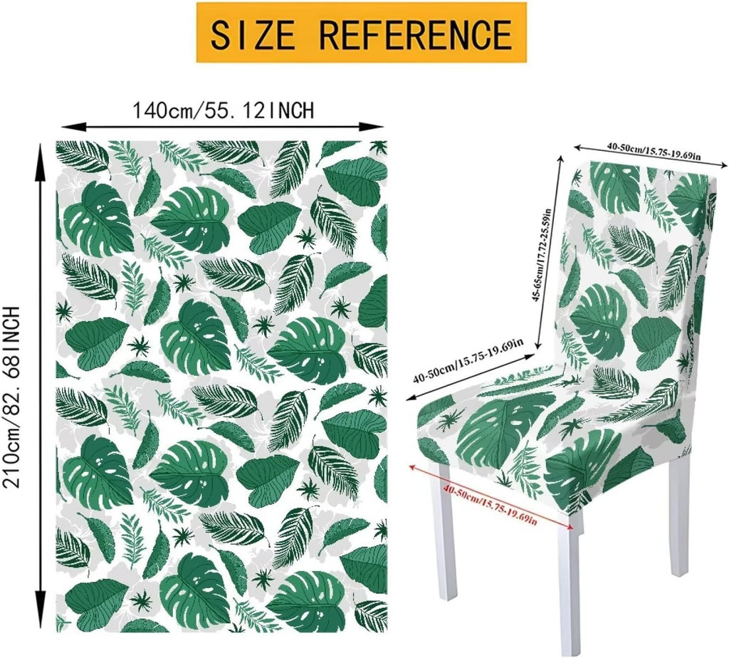 Palm Leaves Rectangular Table Cloth & Dining Chair Covers Set of 5, Stain Resistant Wipeable Chair Protectors for Farmhouse Rustic Home Kitchen Party Decor