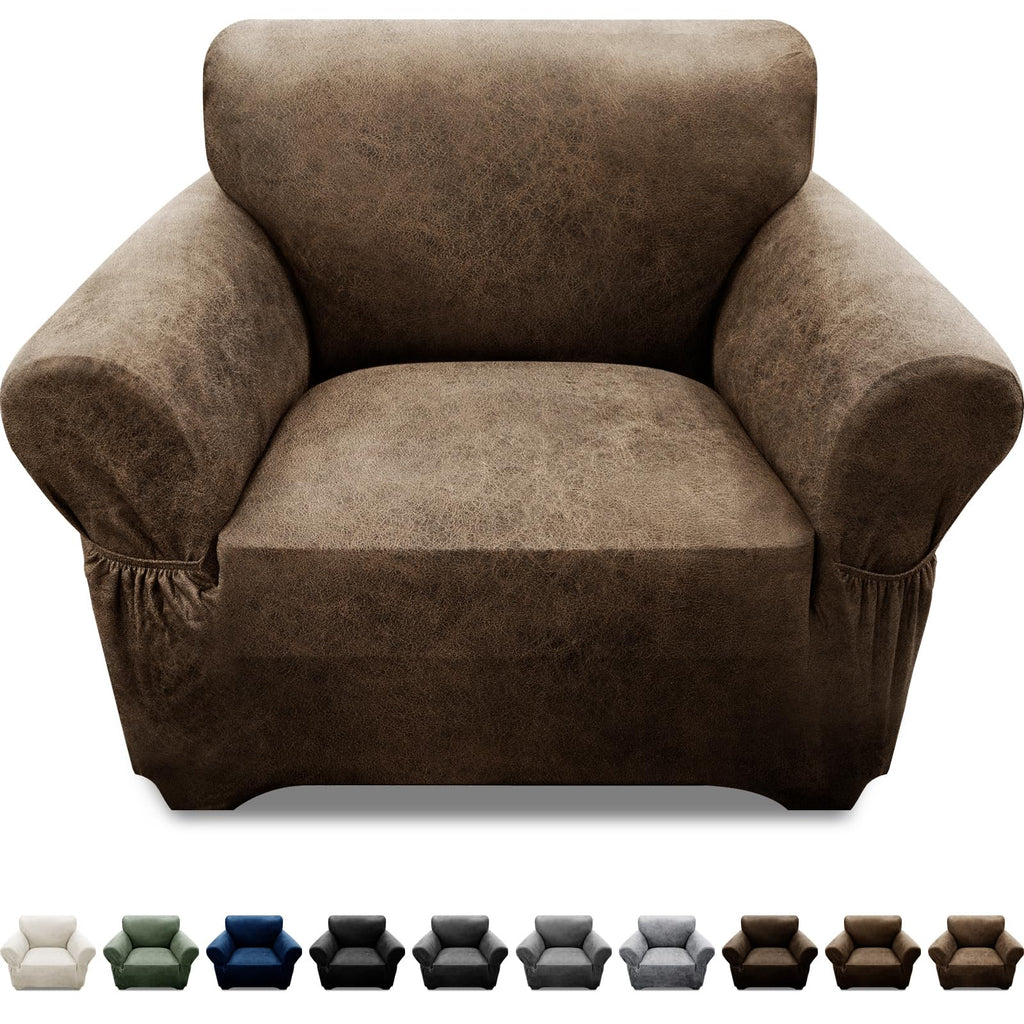 3-Pieces T Cushion Loveseat Slipcovers Leather Look Couch Cover Loveseat Covers for 2 Cushion Couch Furniture Protector Stretch Sofa Cover with 2 Individual T Cushion Seat Covers, Brown