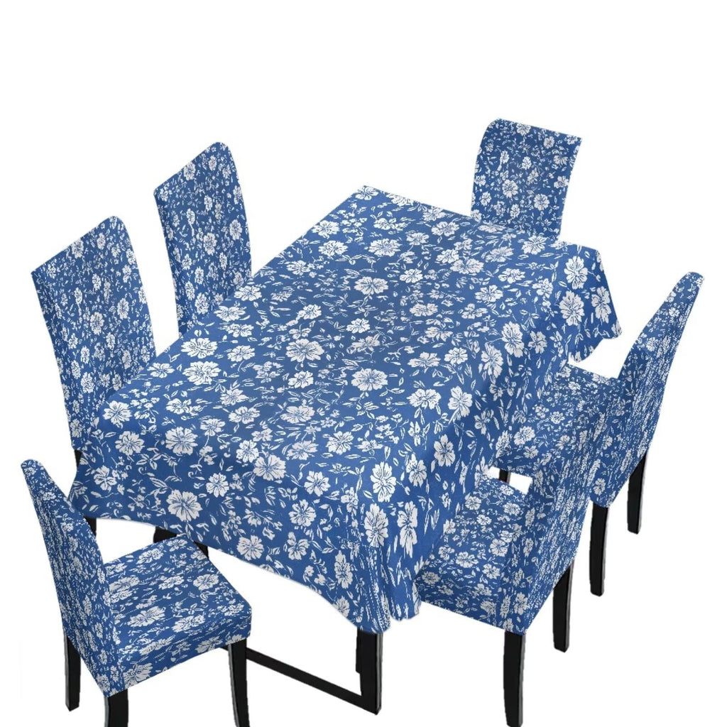 Table Cloth and Dining Chair Covers Set of 5, Kitchen Chair Slipcovers Rectangle Table Cover, Removable Anti-dust Tablecloths Stain Resistant Soft Hotel Decor, Blue Retro Floral