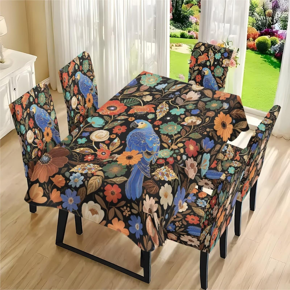 Thanksgiving Themed Dining Room Chair Cover and Tablecloths 5 Packs, Fall Leaf Print Kitchen Chair Seat Slipcovers Anti-Wrinkle Table Protector for Thanksgiving Day Party