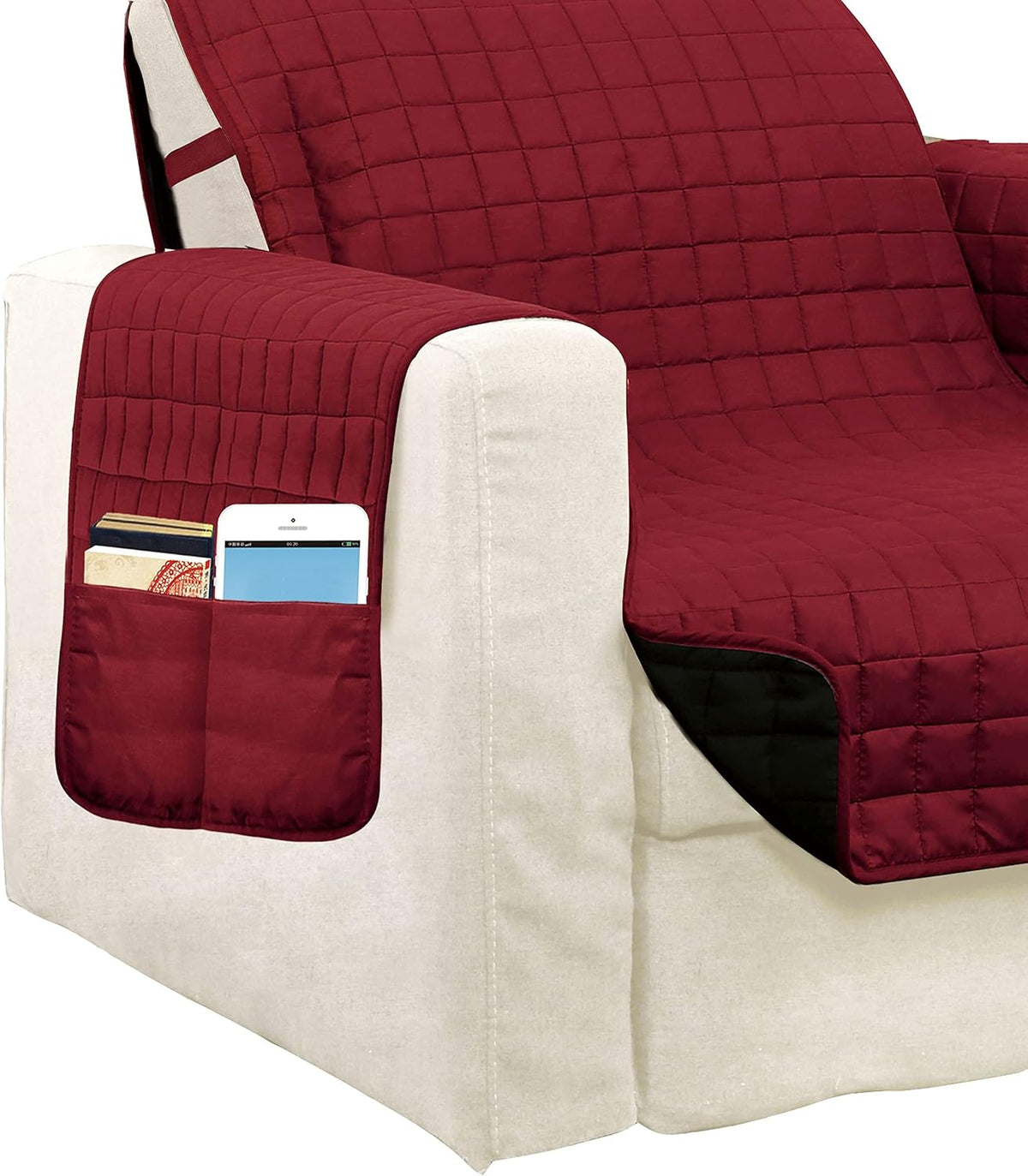 Elegant Comfort Quilted Furniture Protectors Solid and Printed Design Reversible Slipcovers Featuring Elastic Straps and Smart Pockets Great for Pets, Kids and More, Loveseat, Burgundy/Black