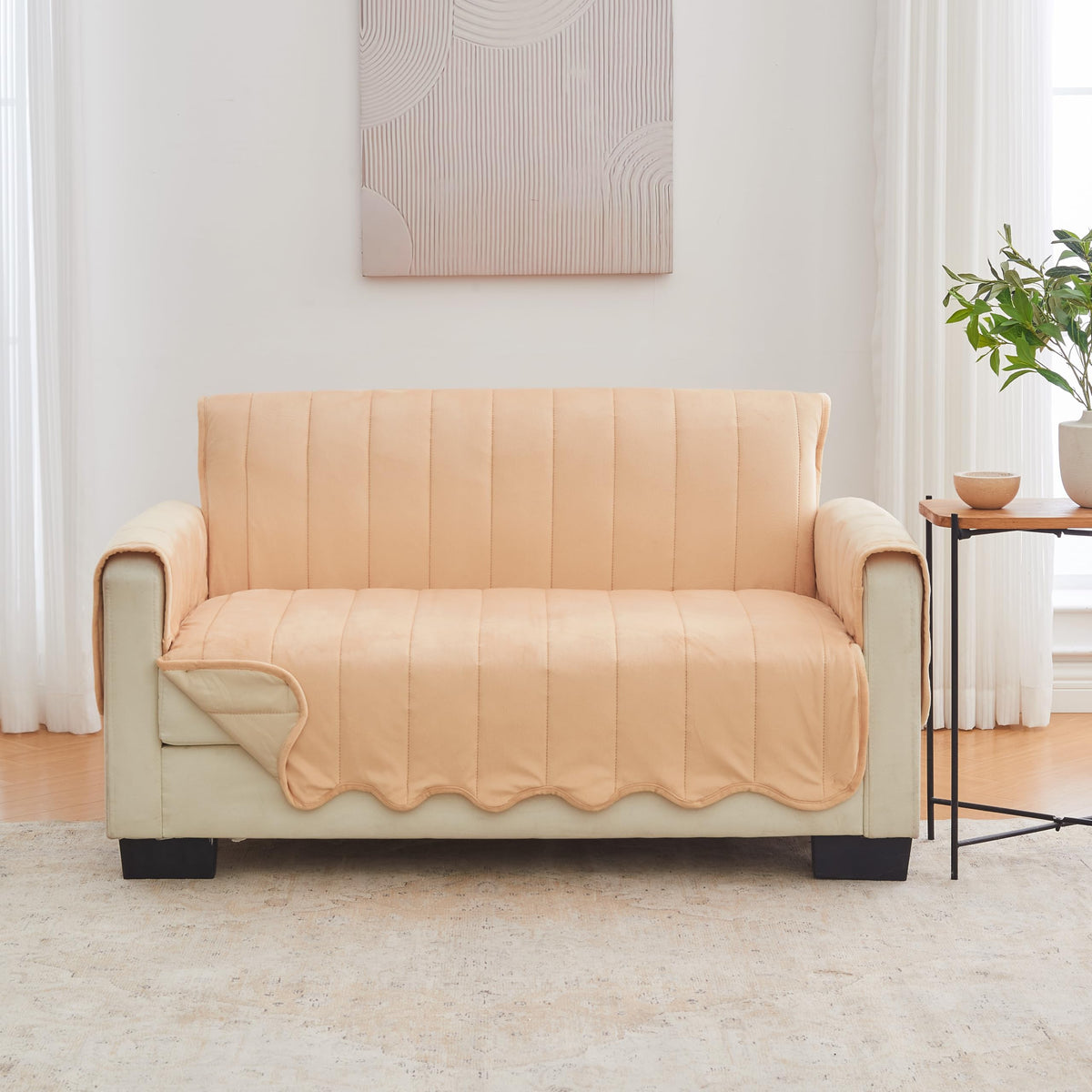 Great Bay Home Reversible Patchwork Loveseat Cover - Washable Slipcover Furniture Protector with Elastic Straps - Perfect for Kids & Pets - Box-Stitched Detail (Taupe)
