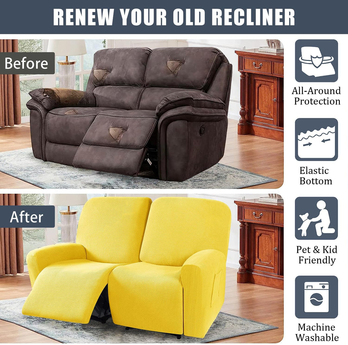 CONRUSER Stretch Recliner Loveseat Cover, 6 Pieces Recliner Slipcovers Soft Couch Cover for 2 Seater Non-Slip Furniture Protector with Pocket (Yellow)