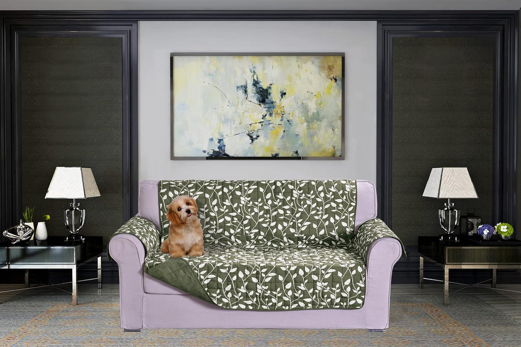 Elegant Comfort Quilted Furniture Protectors Solid and Printed Design Reversible Slipcovers Featuring Elastic Straps and Smart Pockets Great for Pets, Kids and More, Smart Leaf Loveseat, Sage