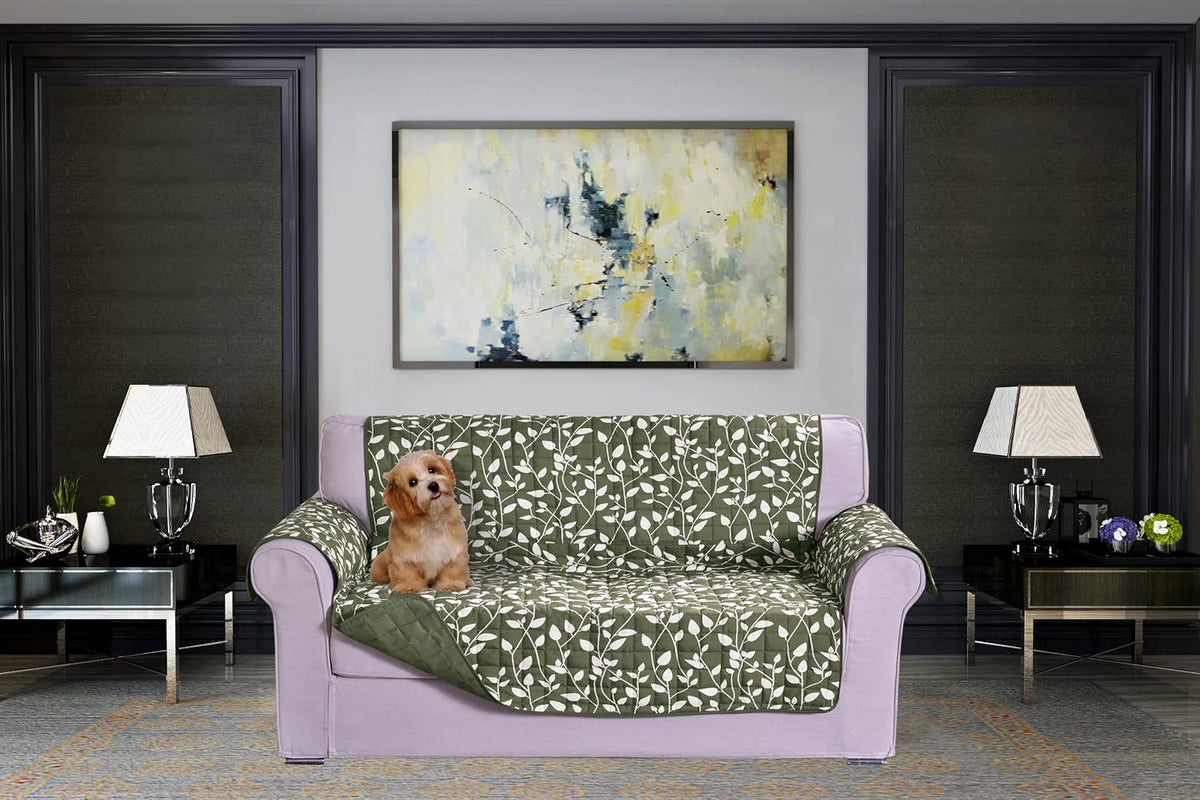 Elegant Comfort Quilted Furniture Protectors Solid and Printed Design Reversible Slipcovers Featuring Elastic Straps and Smart Pockets Great for Pets, Kids and More, Smart Leaf Loveseat, Sage