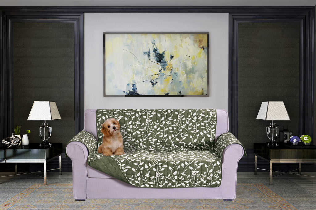 Elegant Comfort Quilted Furniture Protectors Solid and Printed Design Reversible Slipcovers Featuring Elastic Straps and Smart Pockets Great for Pets, Kids and More, Smart Leaf Loveseat, Sage