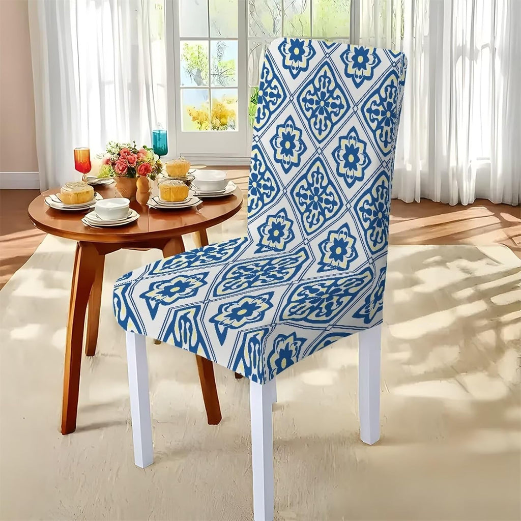 Blue Floral Rectangular Table Cloth & Dining Chair Covers Set of 5, Stain Resistant Wipeable Chair Protectors for Farmhouse Rustic Home Kitchen Party Decor