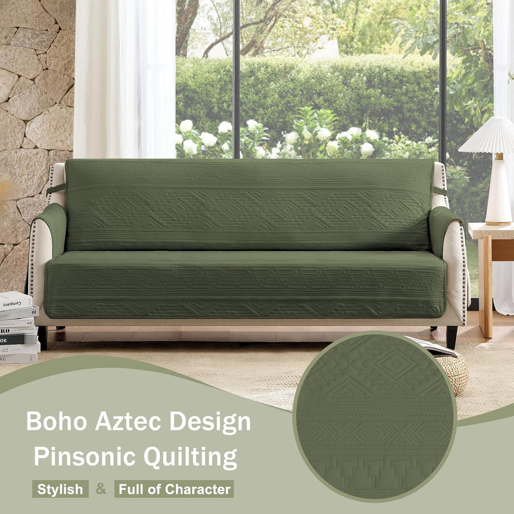 Boho Olive Green Loveseat Covers for 2 Cushion Couch, Water-Repellent Aztec Covers for Love Seat, Washable Quilted Couch Covers, Pet Friendly Loveseat Slipcovers (Loveseat 48", Olive Green)