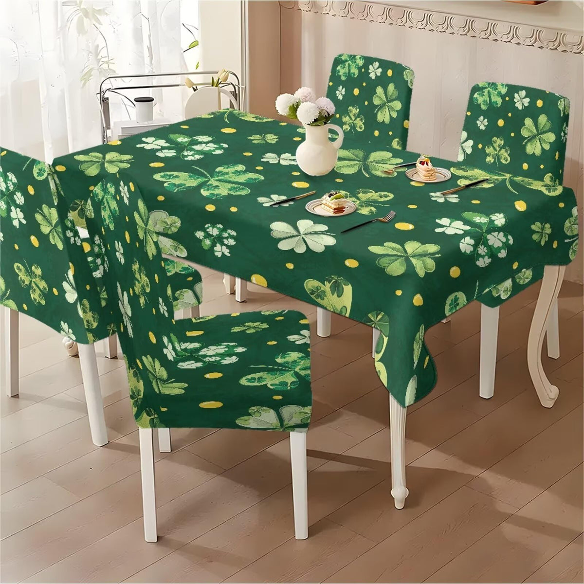 ZDCUSTOM St Patricks Day Table Cloth and Chair Cover Set of 4 Green Tablecloths Rectangular Festive Chair Covers for Dining Chairs St. Patrick’s Day Decoration
