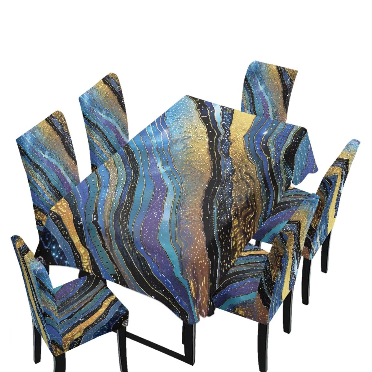 Table Cloth and Dining Chair Covers Set of 5, Kitchen Chair Slipcovers Rectangle Table Cover, Removable Anti-dust Tablecloths Stain Resistant Soft Hotel Decor, Blue Retro Floral