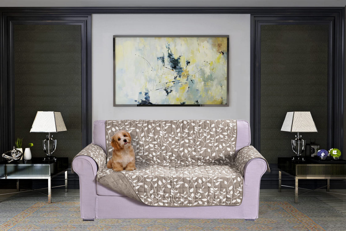 Elegant Comfort Quilted Furniture Protectors Solid and Printed Design Reversible Slipcovers Featuring Elastic Straps and Smart Pockets Great for Pets, Kids and More, Smart Leaf Loveseat, Sage