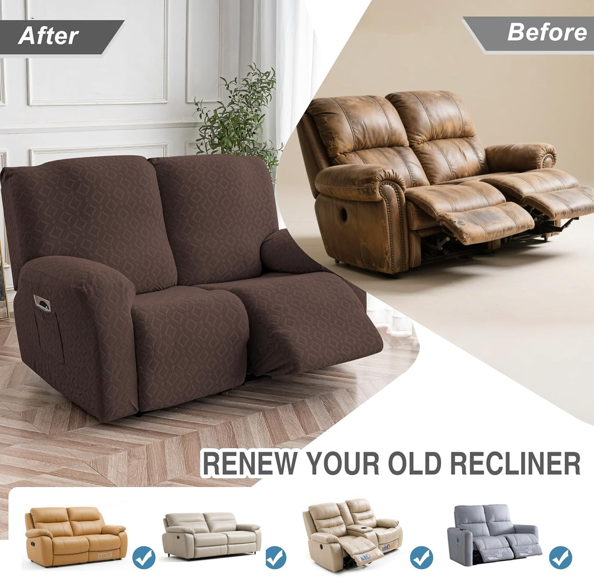 Genina Waterproof Recliner Loveseat Cover,2 Seat Couch Cover,Chocolate