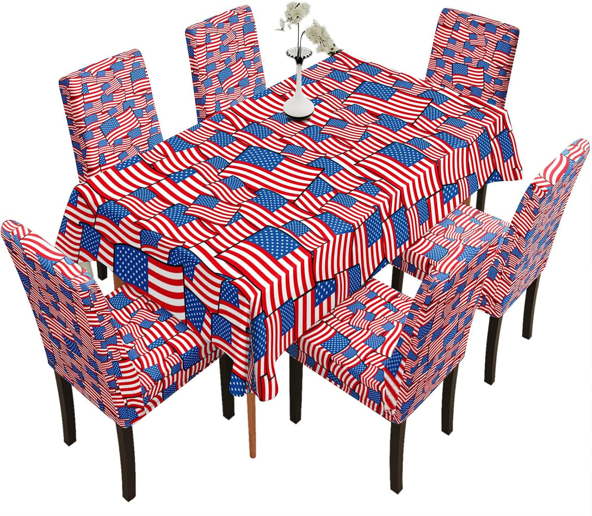 Table and Chair Decoration Protective Cover, Full Screen of American Flag Pattern, Dirt Resistant, Detachable and Washable, Suitable for Chair Decoration (4PC Chair Cover+1PC Tablecloth)