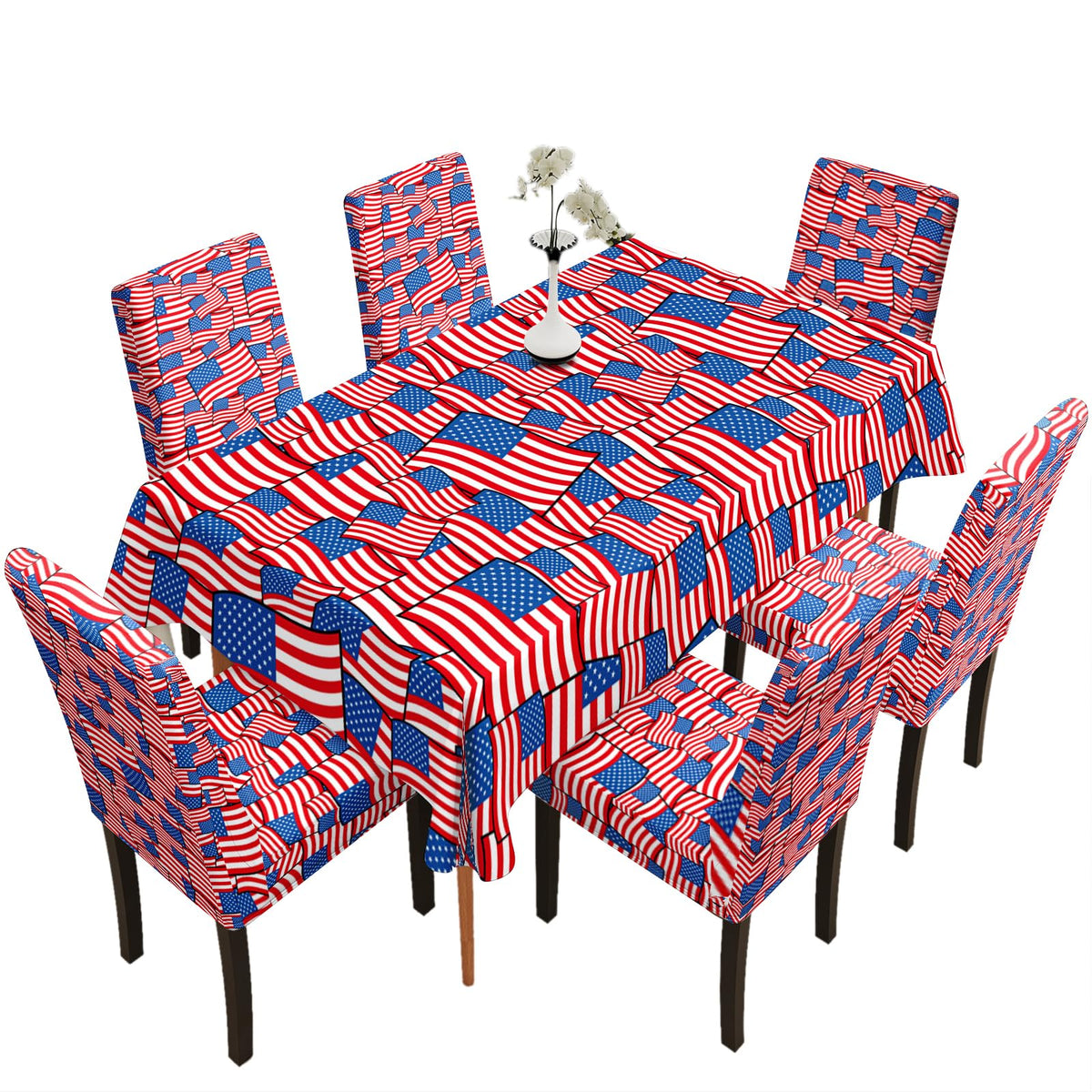 Table and Chair Decoration Protective Cover, Full Screen of American Flag Pattern, Dirt Resistant, Detachable and Washable, Suitable for Chair Decoration (4PC Chair Cover+1PC Tablecloth)