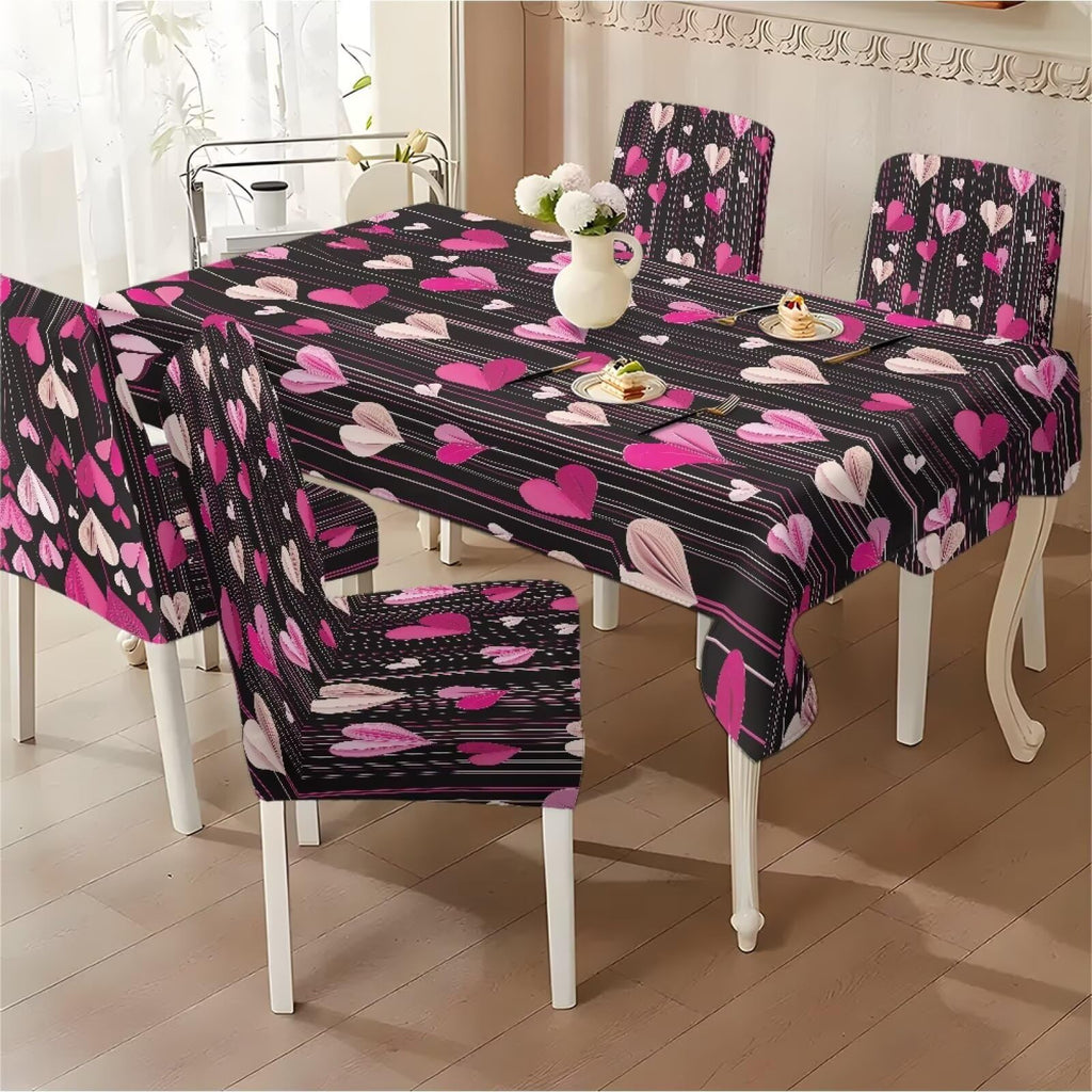 ZDCUSTOM Valentines Table Cloth and Chair Cover Set of 4 Romantic Tablecloths Rectangular Pink Chair Covers for Dining Chairs Stain Resistant Decoration