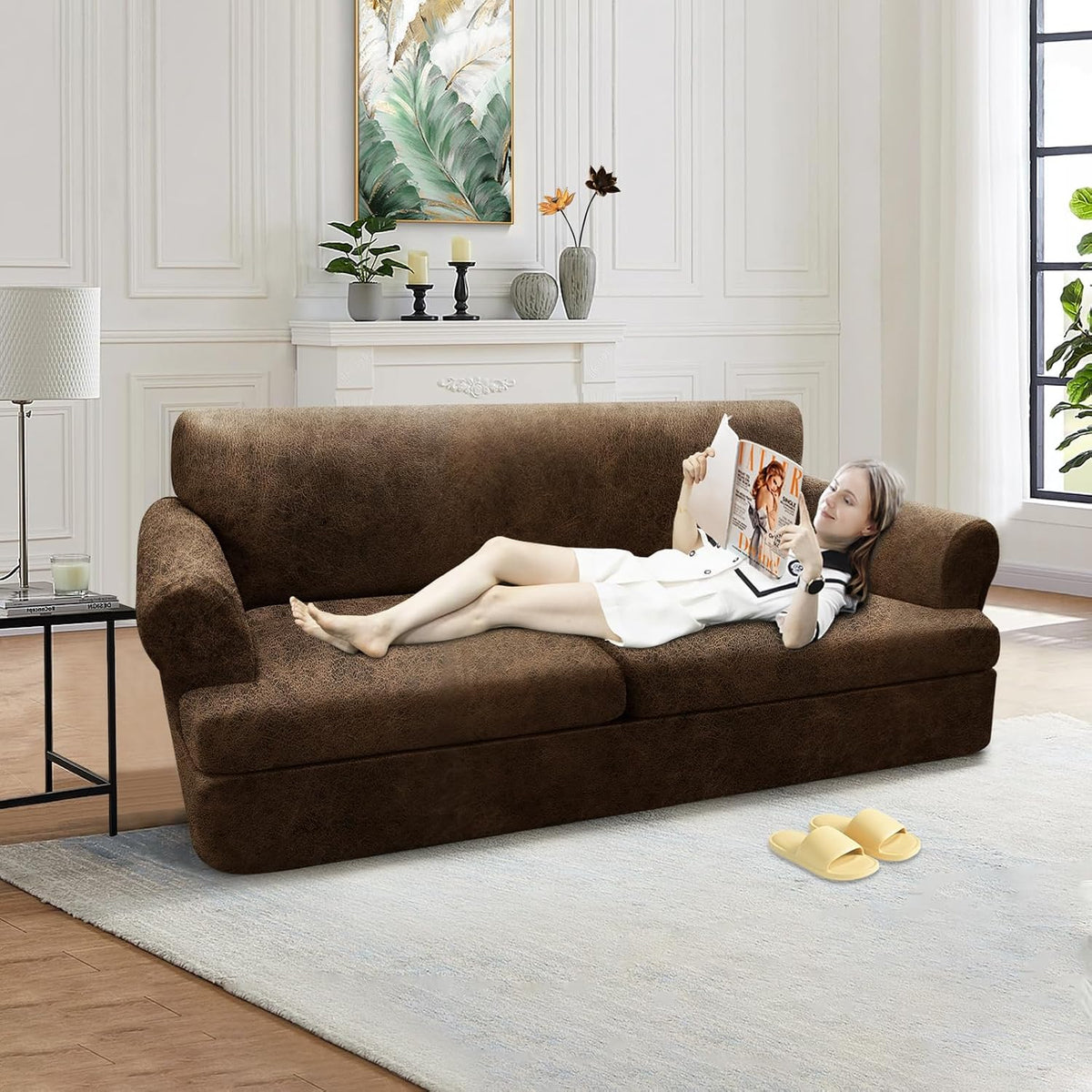 3-Pieces T Cushion Loveseat Slipcovers Leather Look Couch Cover Loveseat Covers for 2 Cushion Couch Furniture Protector Stretch Sofa Cover with 2 Individual T Cushion Seat Covers, Brown