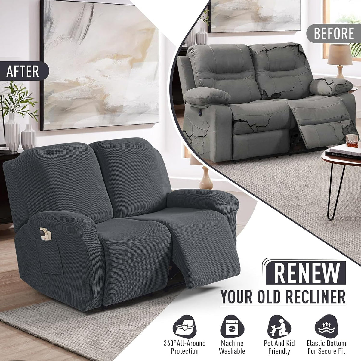 TAOCOCO Stretch Loveseat Recliner Covers 6 Piece, Charcoal Grey