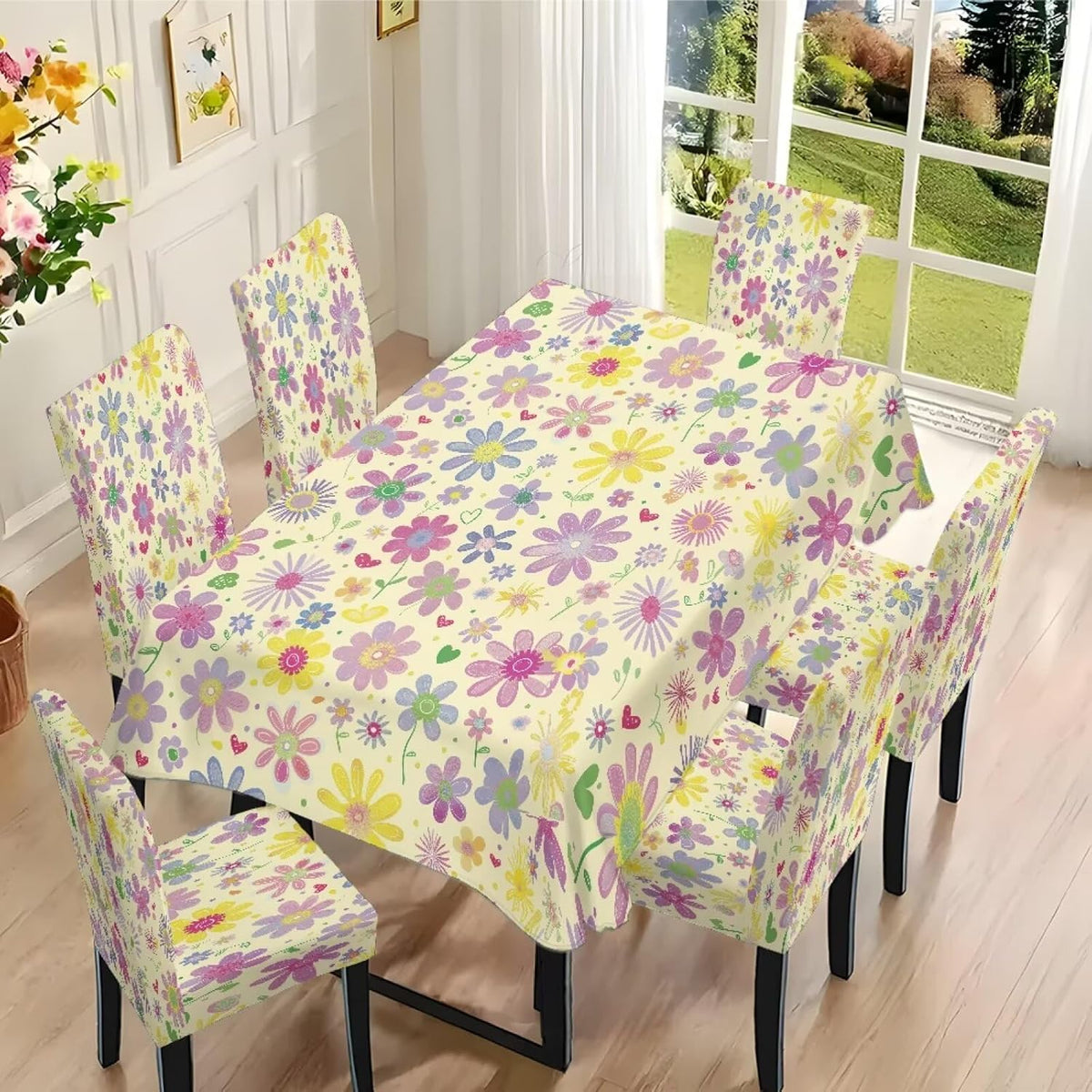 Table Cloth Rectangle Table Set of 7 Include Kitchen Chair Covers and Tablecloths for Dining Room Hotel Banquet, Anti-Scratch Chair Seat Protector Cover, Daisy Hippie Flower Print