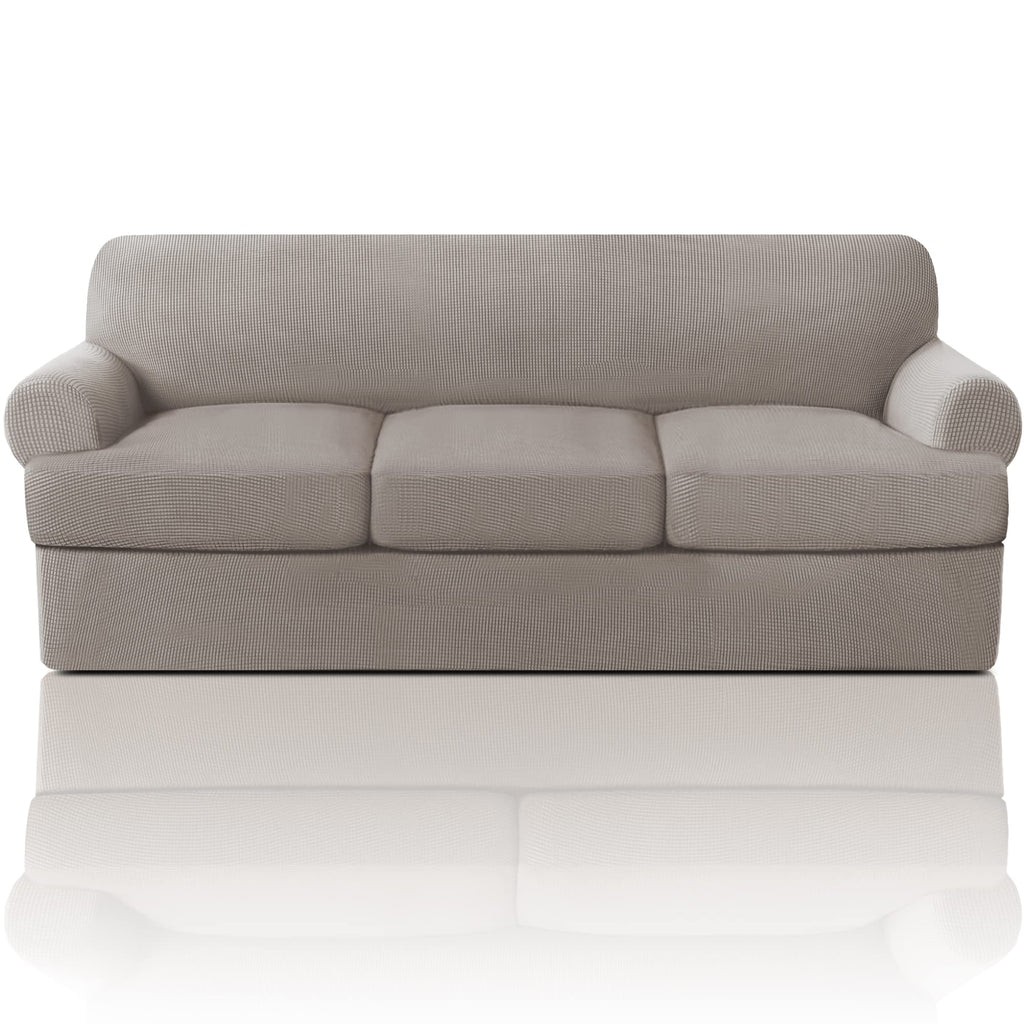 PrinceDeco T Cushion Loveseat Slipcover - 3 Pieces Sofa Cover for 2 Cushion Couch with 2 Individual T Shape Seat Covers Width Up to 76 Inch - Stretch, Machine Washable, Porcelain