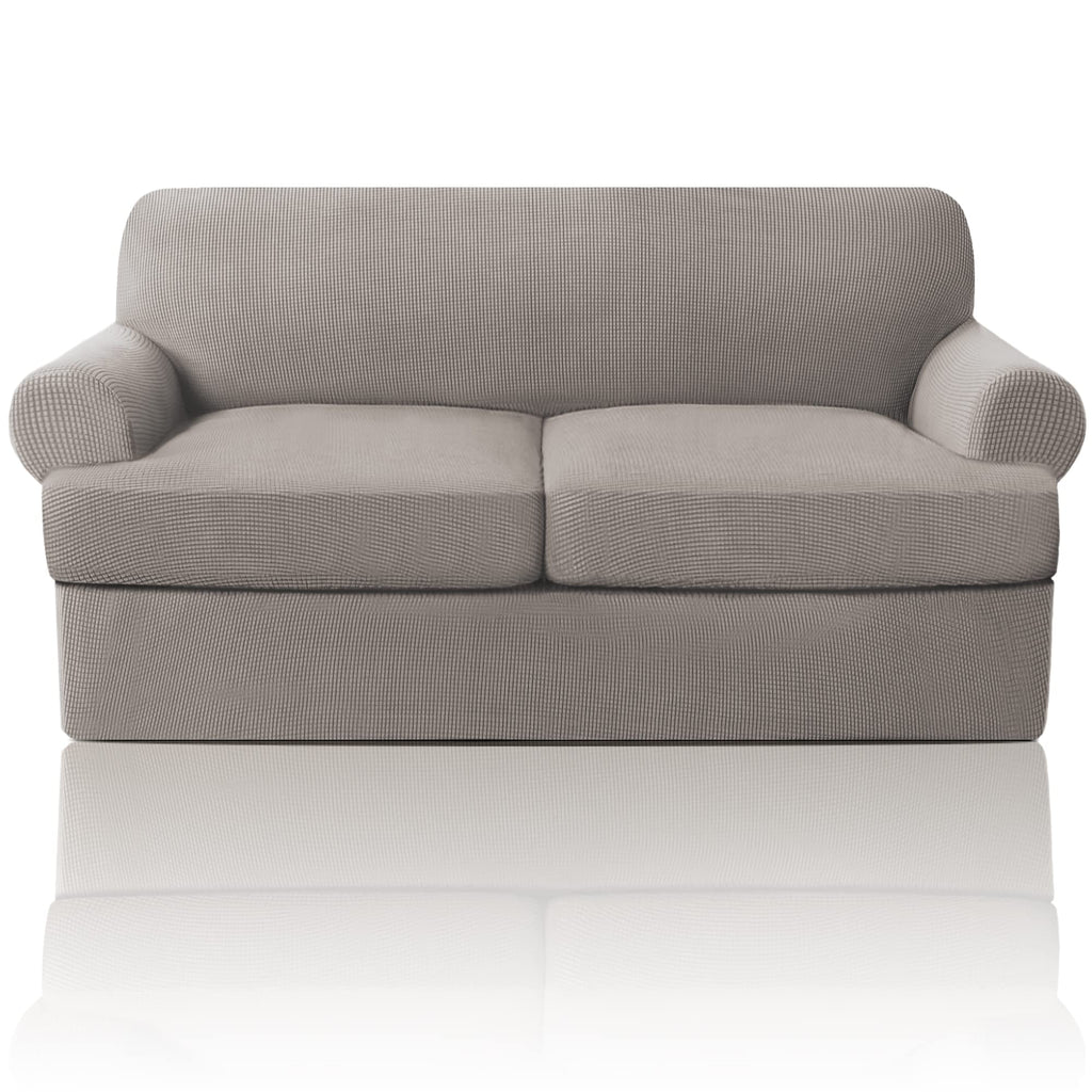 PrinceDeco T Cushion Loveseat Slipcover - 3 Pieces Sofa Cover for 2 Cushion Couch with 2 Individual T Shape Seat Covers Width Up to 76 Inch - Stretch, Machine Washable, Porcelain