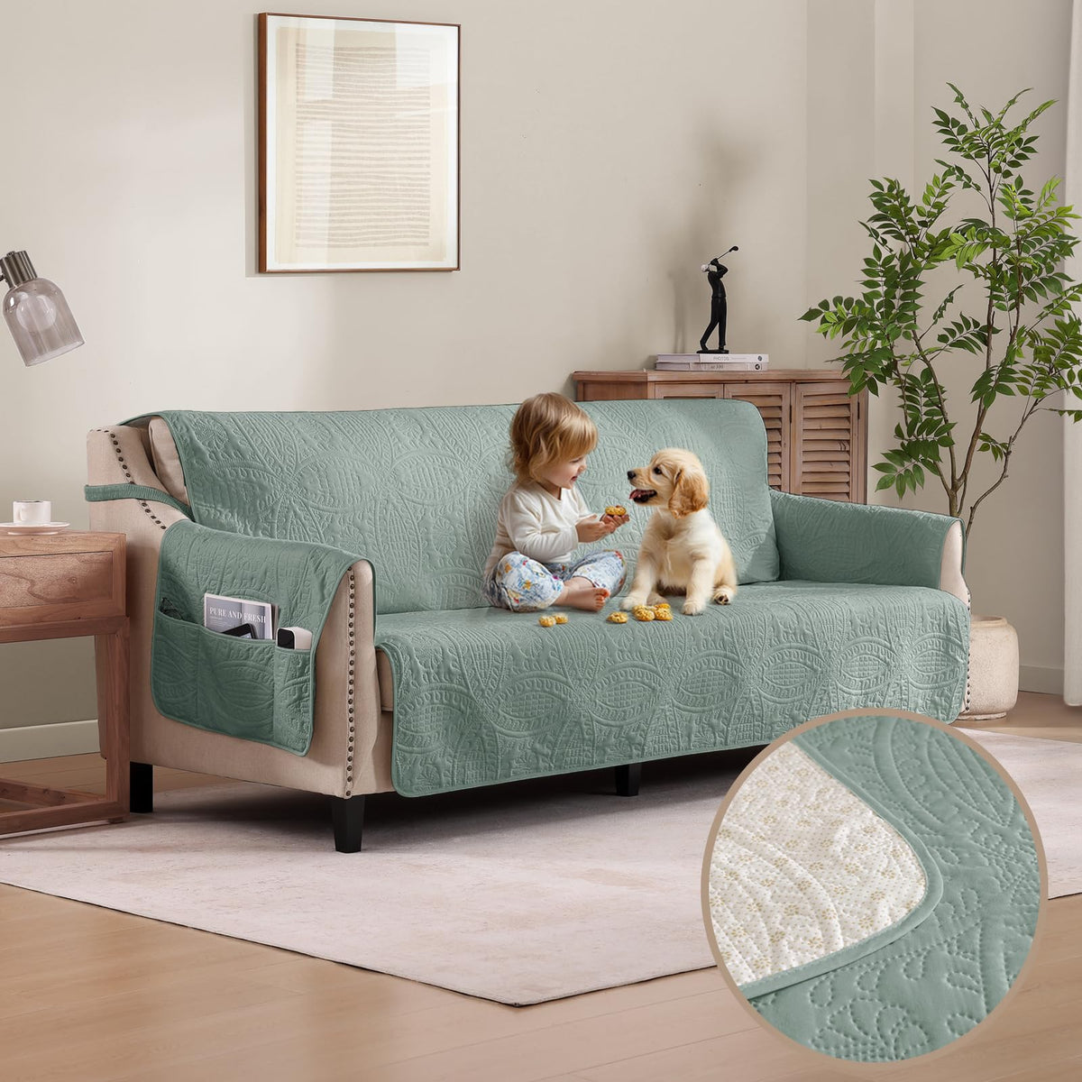 Beige Loveseat Covers for 2 Cushion Couch, Water-Repellent Quilted Covers for Sofa, Machine Washable Love Seat Couch Covers, Pet Friendly Loveseat Slipcovers (Loveseat 48", Beige Cream)