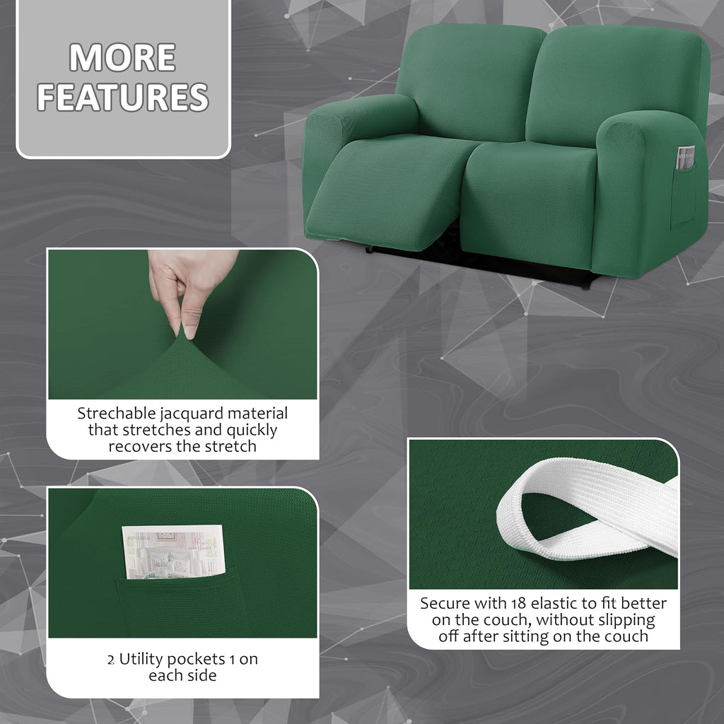 ULTICOR Jacquared Design, Reclining Loveseat Slipcover, 48" - 65" L, 2 Seat 6-Piece Recliner Cover, Washable (Retro Green)