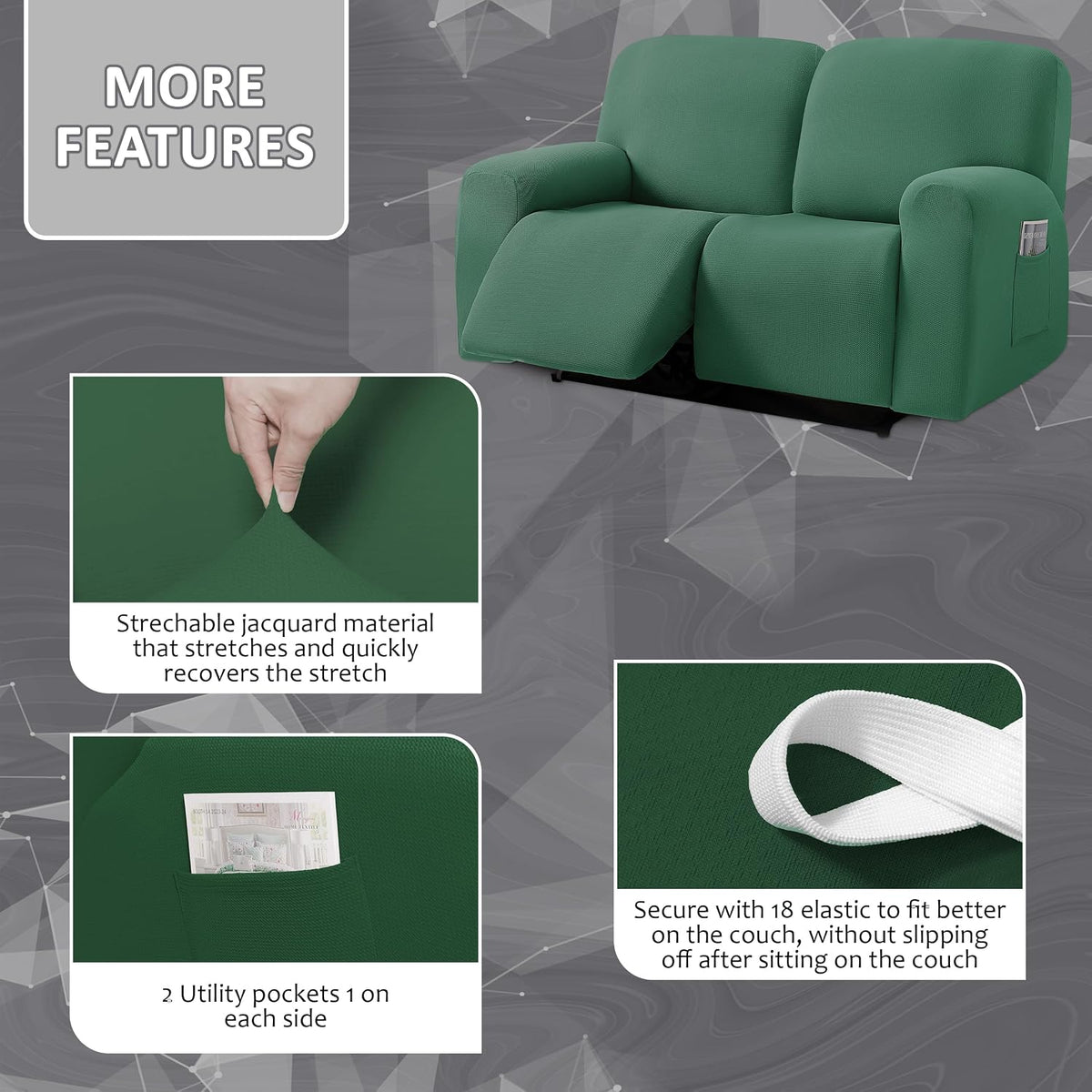 ULTICOR Jacquared Design, Reclining Loveseat Slipcover, 48" - 65" L, 2 Seat 6-Piece Recliner Cover, Washable (Retro Green)