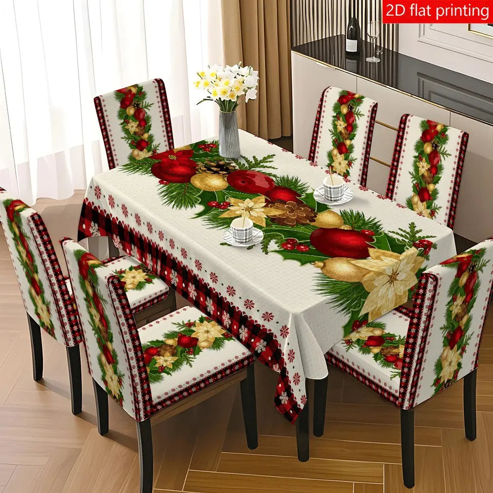 5PCS/7PCS Christmas Pinecone Crimson Tablecloth Chair Cover Set (1 tablecloth+4/6 chair covers) 140*210cm tablecloth, easy to disassemble and wash, suitable for home decoration, Home Party Decorations, camping, weddings, hotels