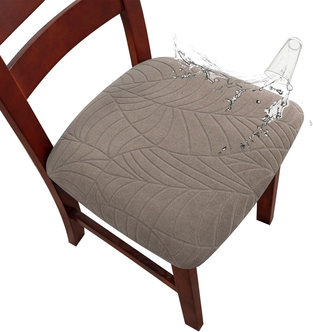 Genina Waterproof Seat Covers for Dining Room Chairs, Stretch Chair Seat Covers Removable Washable Dinning Room Kitchen Chair Cushion Slipcovers (Leaves-Taupe, 4 PCS)