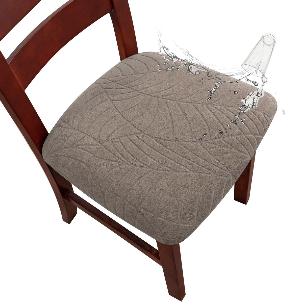 Genina Waterproof Seat Covers for Dining Room Chairs, Stretch Chair Seat Covers Removable Washable Dinning Room Kitchen Chair Cushion Slipcovers (Leaves-Taupe, 4 PCS)