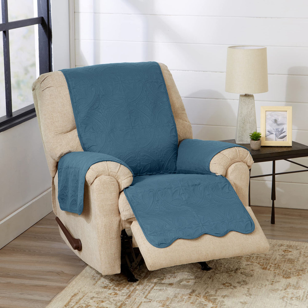 Great Bay Home Reversible Patchwork Loveseat Cover - Washable Slipcover Furniture Protector with Elastic Straps - Perfect for Kids & Pets - Box-Stitched Detail (Taupe)