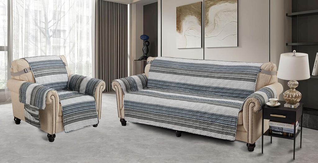 Brilliant Sunshine Multi Grey Stripes Couch Loveseat Slip Cover for Dogs