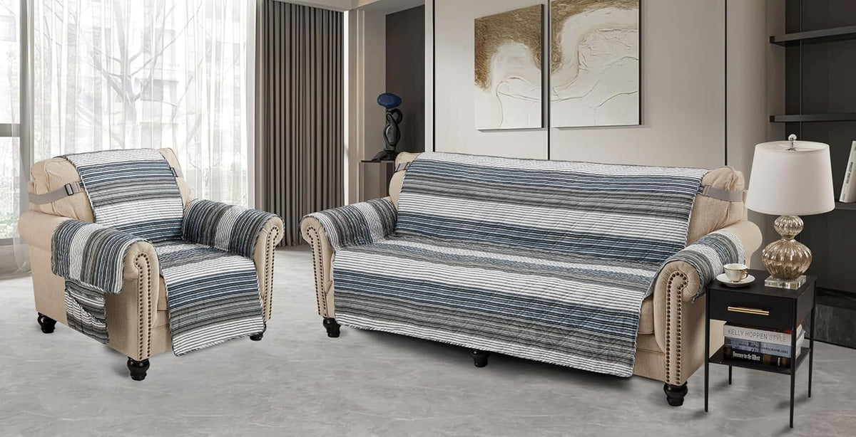 Brilliant Sunshine Multi Grey Stripes Couch Loveseat Slip Cover for Dogs