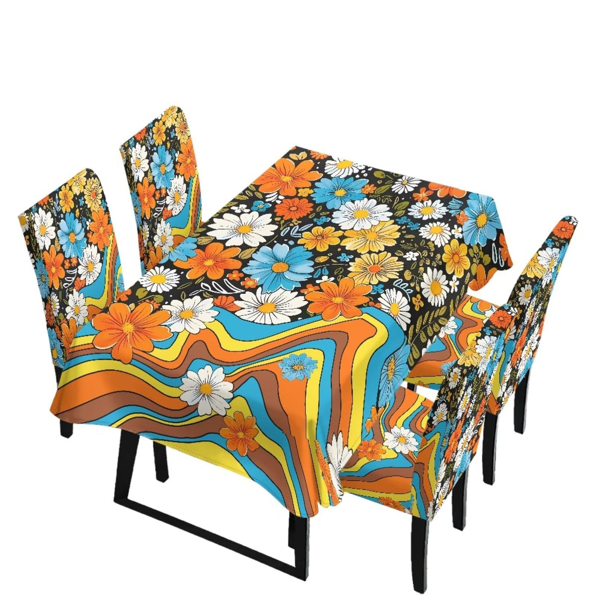 Table Cloth Rectangle Table Set of 7 Include Kitchen Chair Covers and Tablecloths for Dining Room Hotel Banquet, Anti-Scratch Chair Seat Protector Cover, Daisy Hippie Flower Print