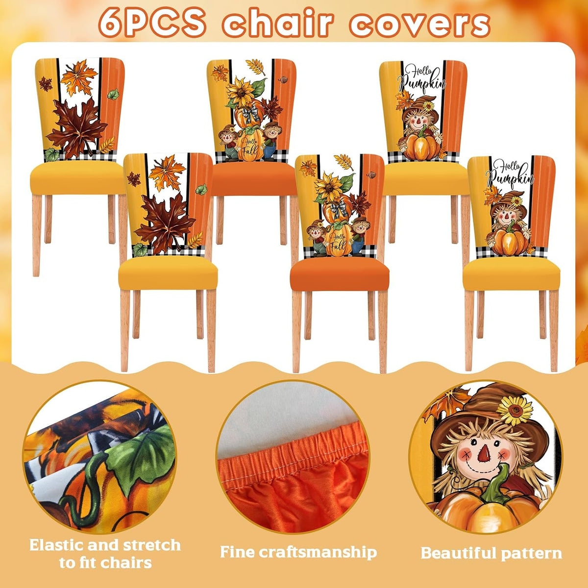 Chair Covers Set of 6 Dining Protector Stretch Autumn Pumpkin Scarecrow Maple Leaves Slipcovers Removable Washable for Dining Hotel Party Wedding