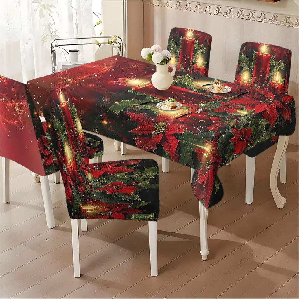 Fitted Tablecloth with Chair Covers Set,Christmas Candle Washable Dining Room Chair Covers Set of 4/6 with Farmhouse Table Cover for Home Hotel Restaurant, 5pcs/7pcs